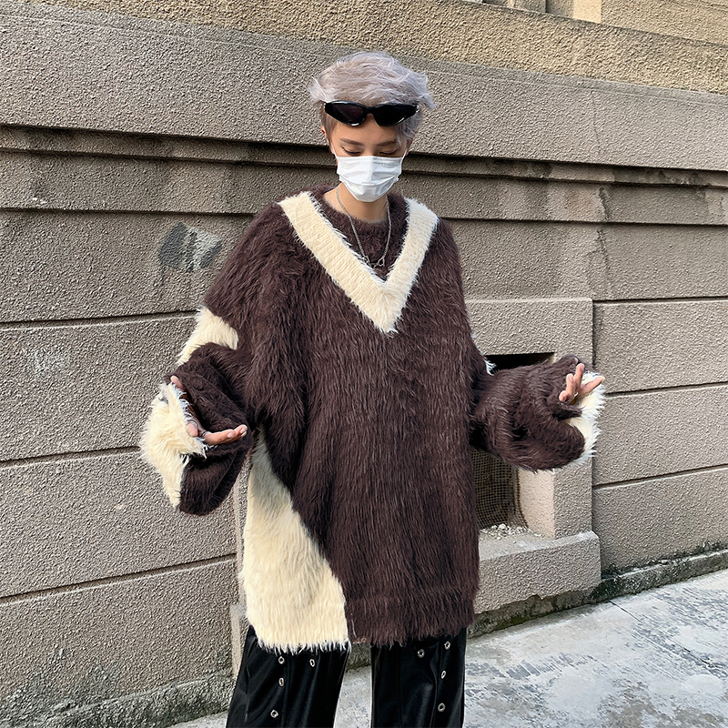 海马毛毛衣男冬季加绒加厚oversize美式高级感宽松高街针织衫外套