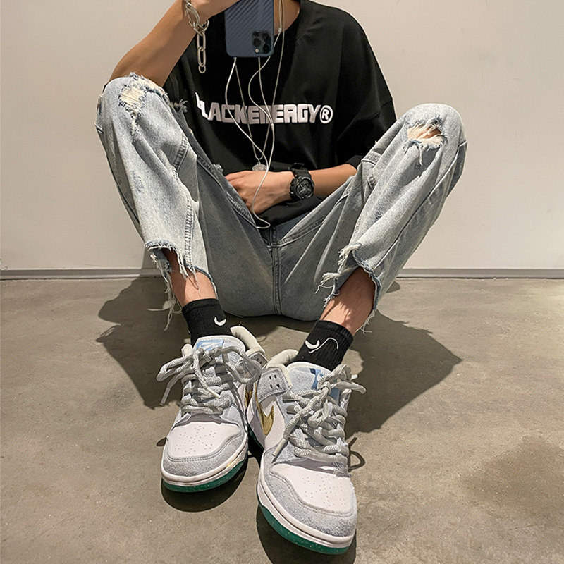 破洞男韩版潮流痞帅夏季港风牛仔裤 纯饰服饰牛仔裤