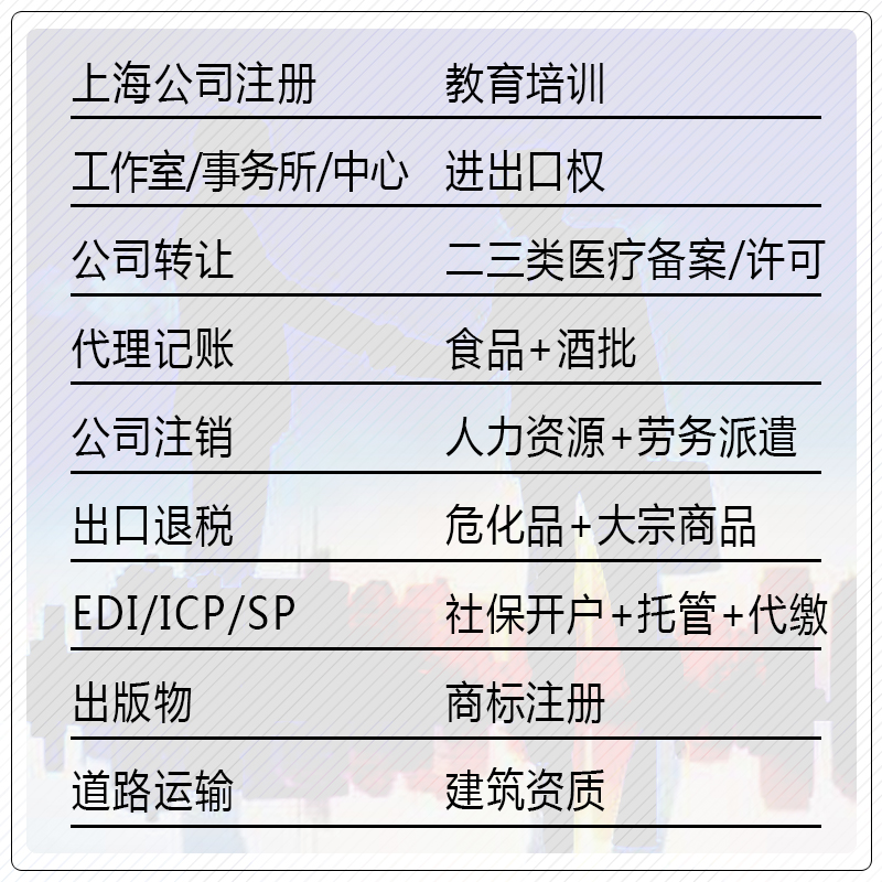 上海公司注册注销食品经营人力资源医疗器械危化品道路运输ICPEDI