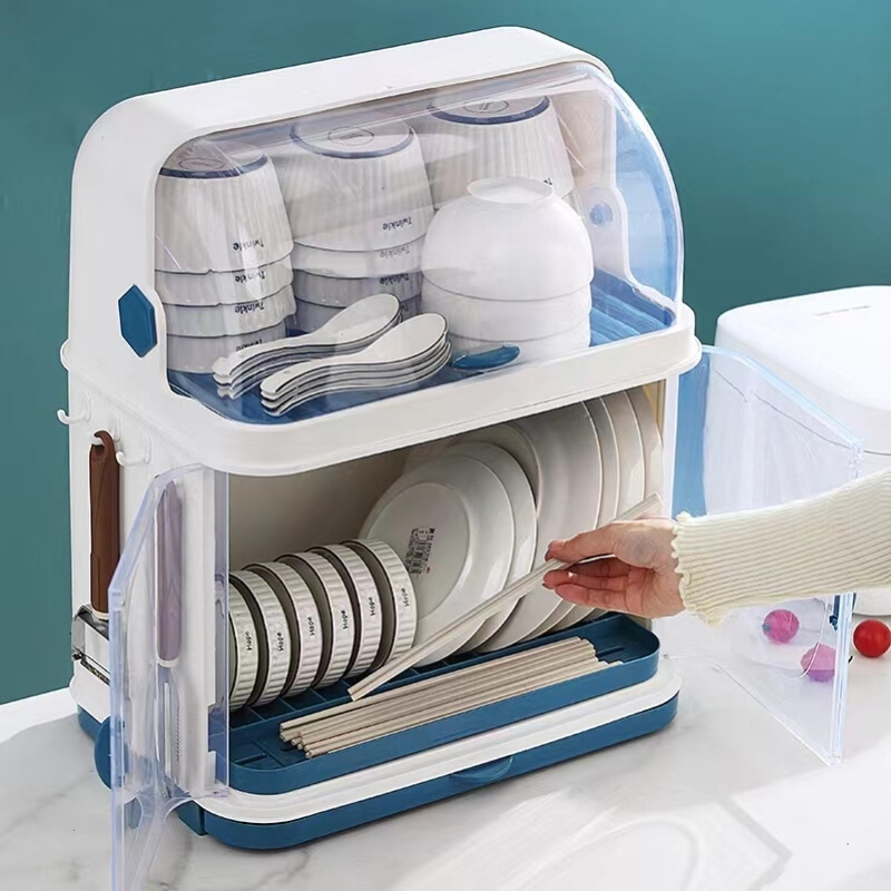 厨房碗柜碗筷收纳盒放餐具装碗箱碟盘沥水置物架带I盖塑料碗架家