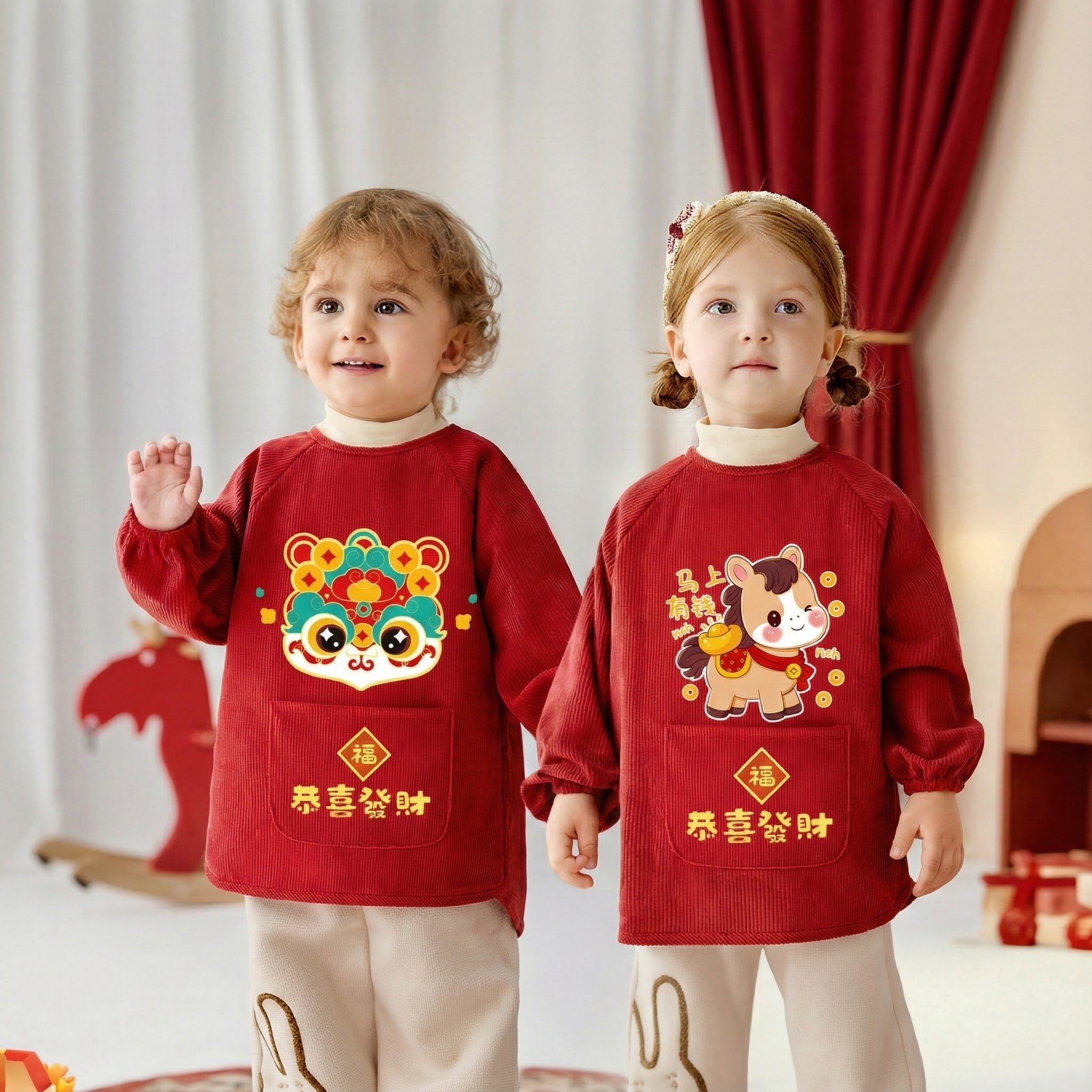 宝宝罩衣秋冬喜庆国风新年罩衣儿童吃饭围兜婴儿辅食围裙防水防脏,淘宝优惠券,粉丝福利购,淘宝优惠卷