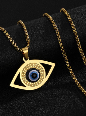 蓝眼睛项链不锈钢土耳其眼睛希腊珠宝邪恶之眼嘻哈吊坠毛衣链
