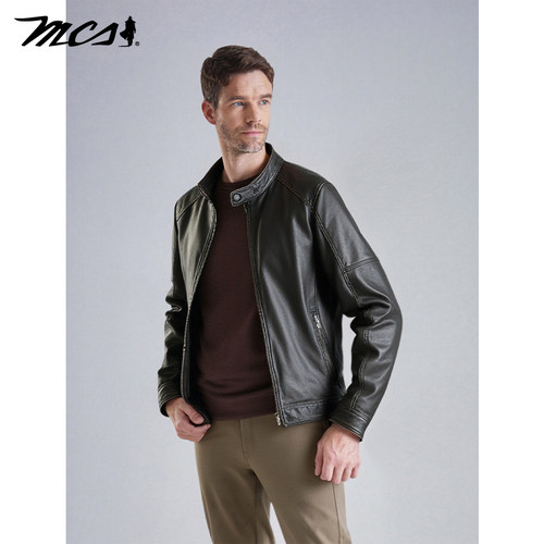 MCS源自万宝路男款做旧牛皮机车羽绒皮衣复古立领合身新款夹克男 - 图0