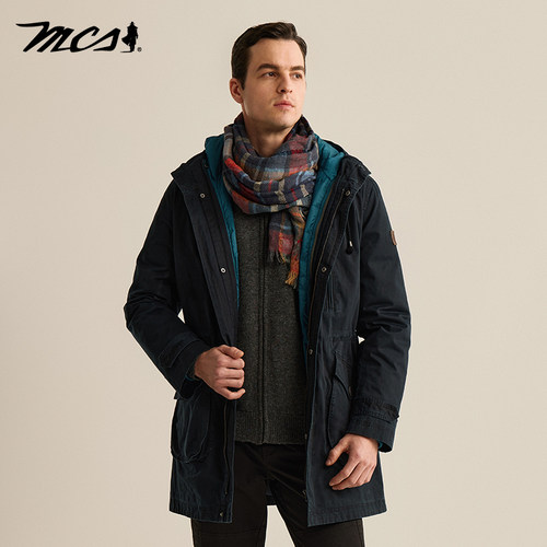 MCS男装源自万宝路秋冬季中长美式休闲可拆卸内胆连帽羽绒服外套 - 图0