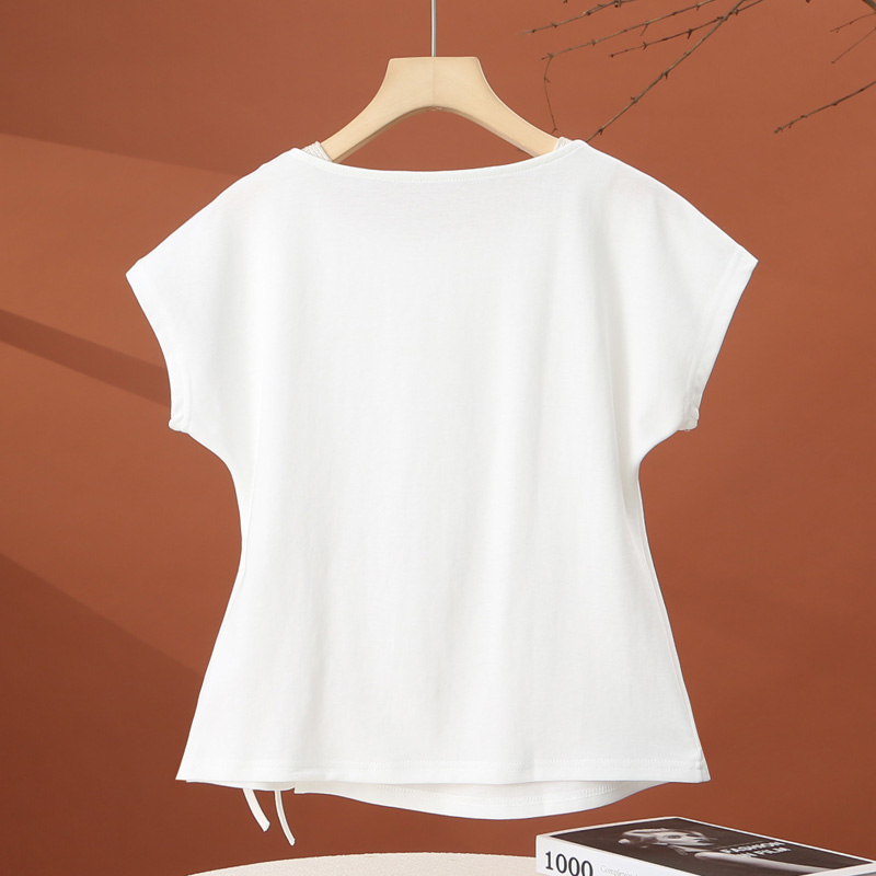 不规则白色短袖t恤女2025夏季新款抽绳收腰洋气小衫时尚女士上衣 - 图1