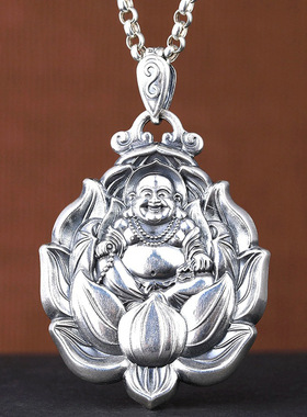 种花家无事牌滴水观音菩萨镀银吊坠项坠弥勒佛莲花佛像挂件男女