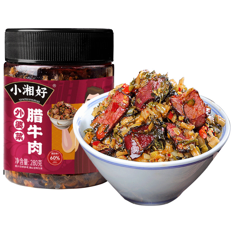 腊牛肉外婆菜湖南特产正宗开味拌饭酱下饭菜瓶装腊肉香辣咸菜即食