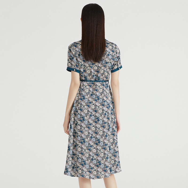 马天奴女装春秋新款墨绿色V领翻领印花连衣裙收腰长裙钉珠短袖,淘宝优惠券,粉丝福利购,淘宝优惠卷