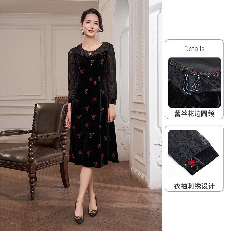 马天奴秋冬新款女蕾丝拼接丝绒连衣裙气质裙子高级感长裙宴会礼裙,淘宝优惠券,粉丝福利购,淘宝优惠卷