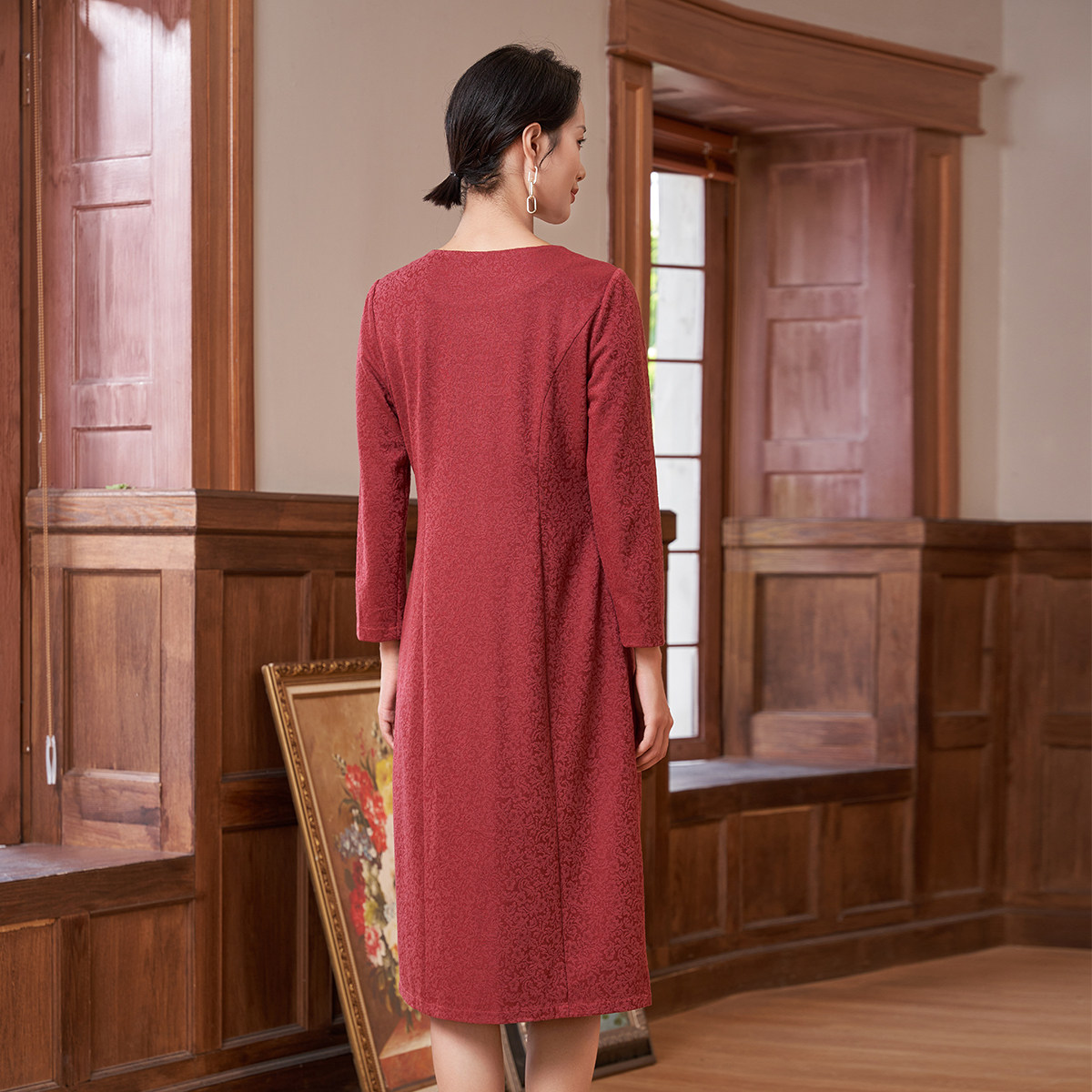 马天奴春秋新款橘红色提花绣花连衣裙婚宴长裙喜婆婆礼裙子气质