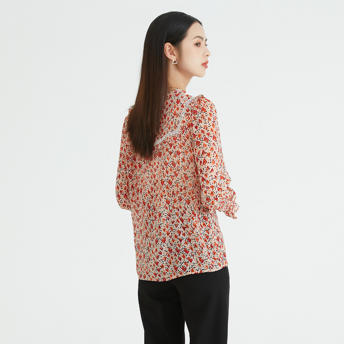 马天奴橙红色印花雪纺衬衫长袖衬衣系带领气质花边上衣春夏新款女,淘宝优惠券,粉丝福利购,淘宝优惠卷