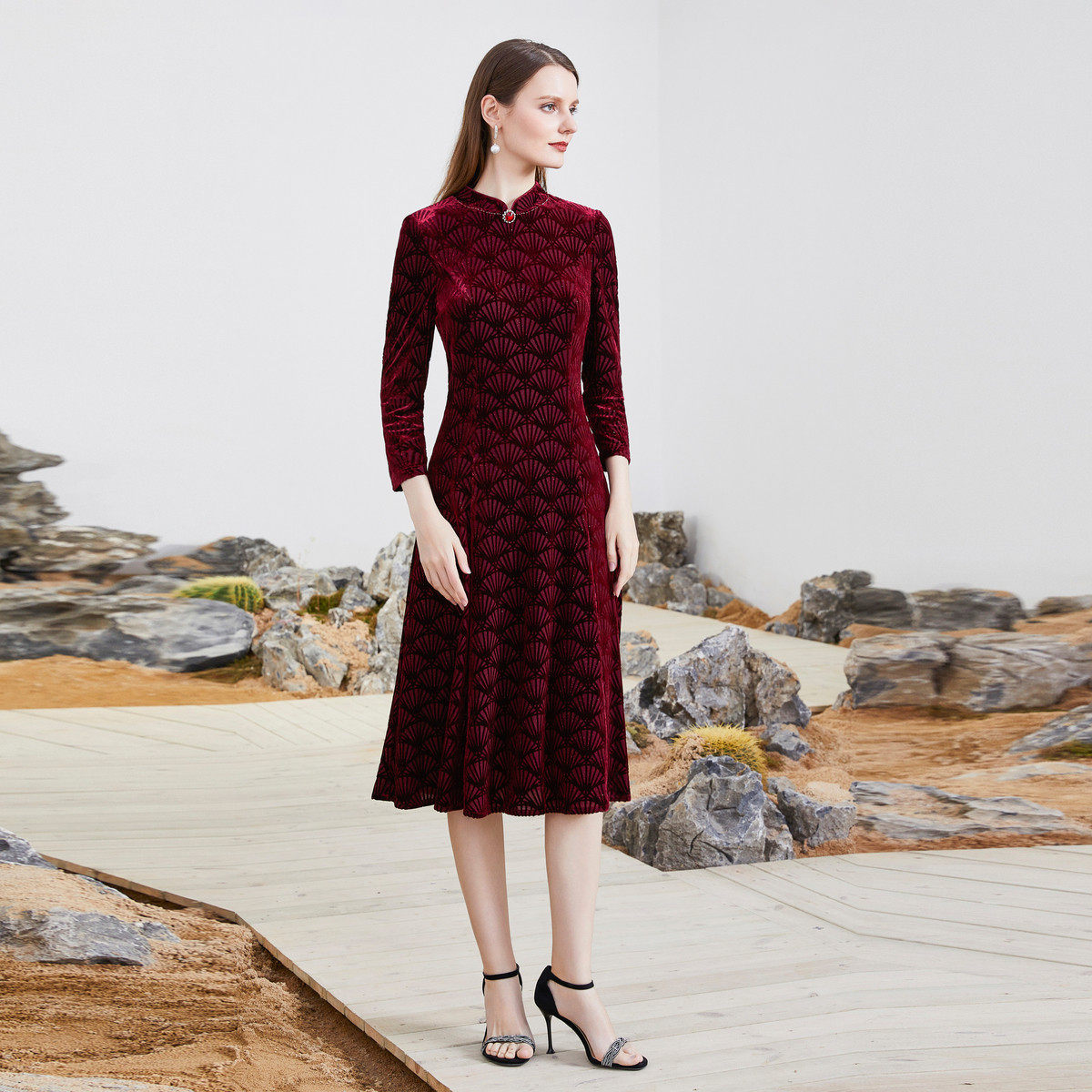 马天奴女装秋季纯色提花旗袍领针织连衣裙子长裙礼裙修身中式国风