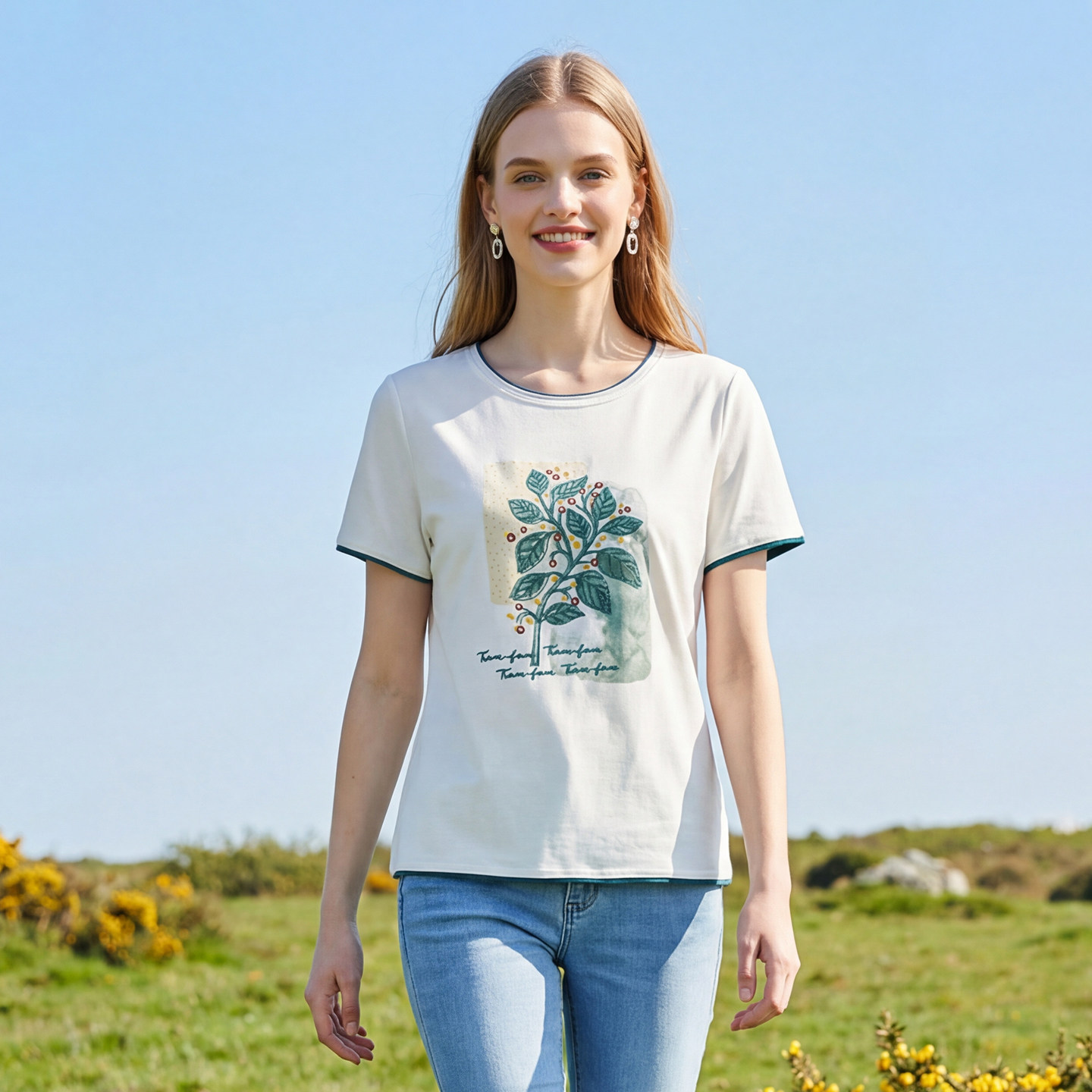 马天奴2025春夏新款纯色刺绣莫代尔棉T恤圆领短袖上衣弹力休闲女