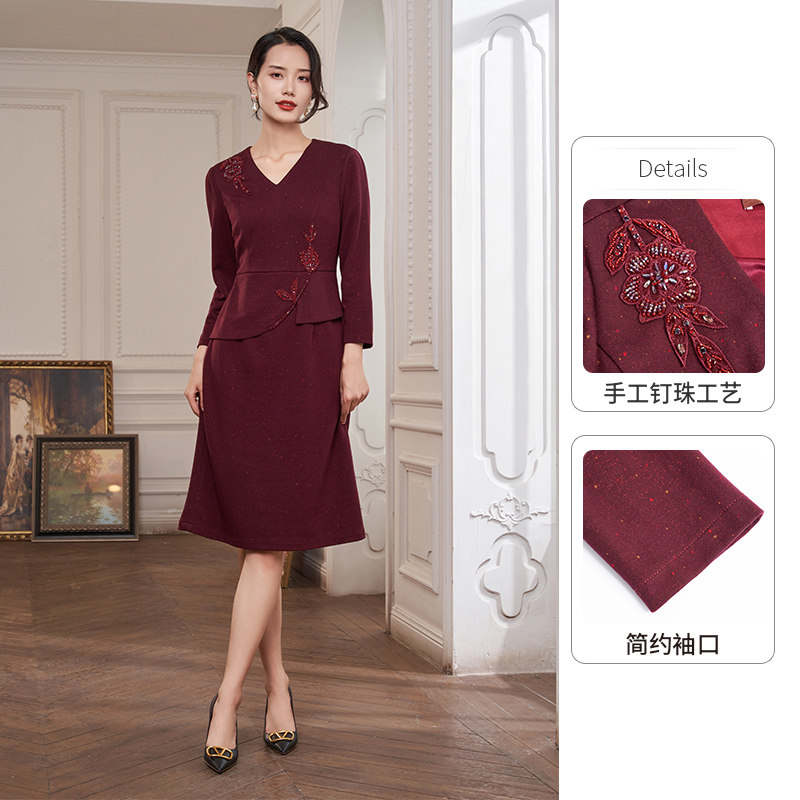 马天奴新款红色V领钉珠婚宴连衣裙闪葱长裙喜婆婆礼裙