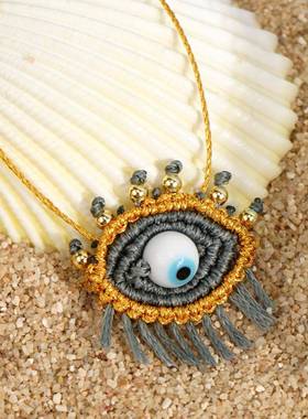 跨境热销铜珠编织白色琉璃小众个性几何恶魔眼睛吊坠项链男女
