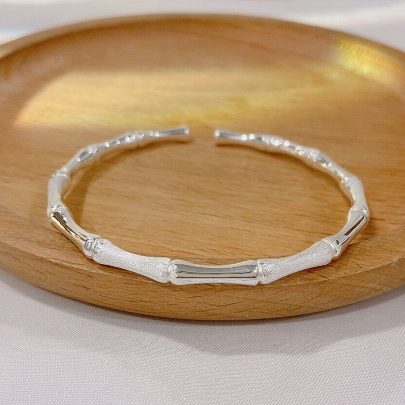 玫妃磨砂竹节开口实心纯银手镯足银9999百搭轻奢送女友闺蜜礼物 - 图0