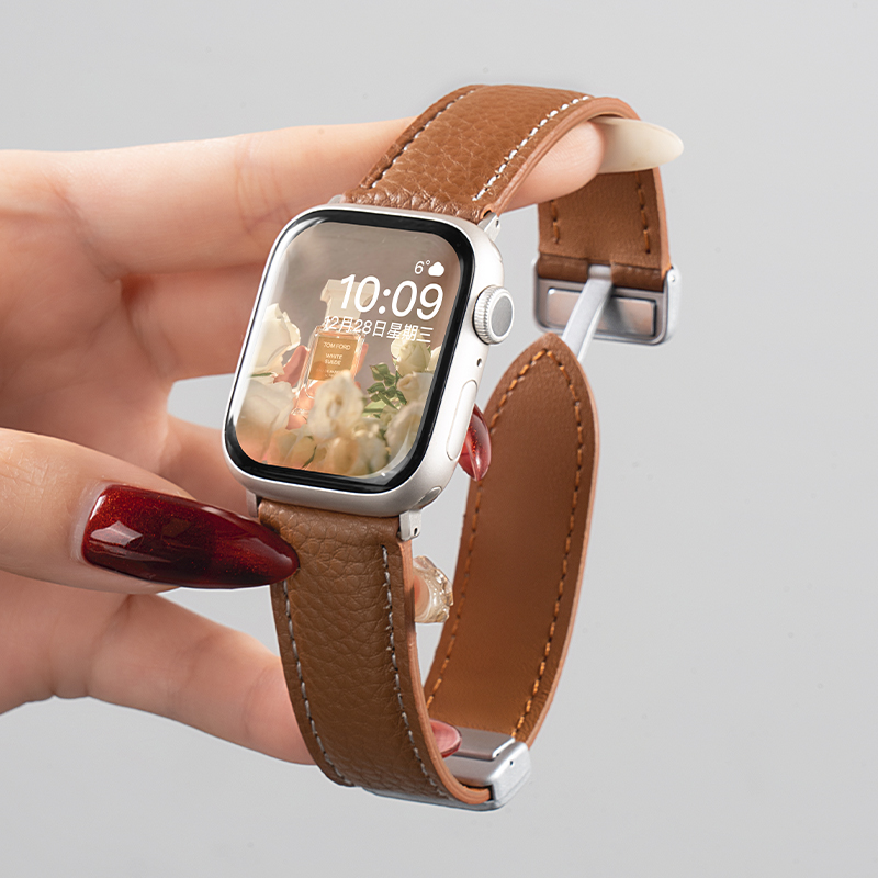 适用iwatch9表带S8苹果S9手表applewatch皮质S7磁吸7荔枝纹SE高级感ultra女款6夏天男运动真皮透气可爱watchs - 图2