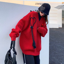 This Life Year Red Loving Sweater Womens Autumn Winter New Second Half Body Missing loose Lazy Weasel-knit Cardiovert Blouse