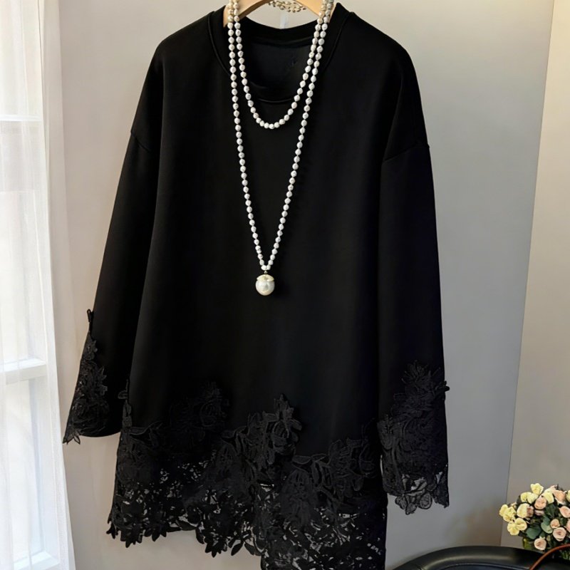 高级感蕾丝底摆拼接白色长袖T恤中长遮肚小衫秋冬显瘦黑色上衣女,淘宝优惠券,粉丝福利购,淘宝优惠卷