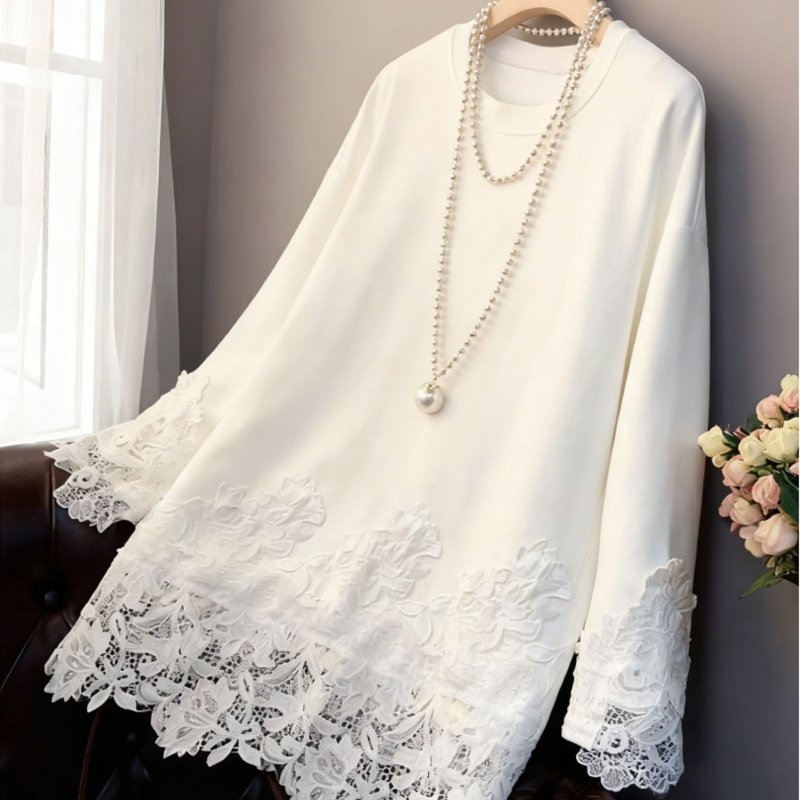 高级感蕾丝底摆拼接白色长袖T恤中长遮肚小衫秋冬显瘦黑色上衣女,淘宝优惠券,粉丝福利购,淘宝优惠卷