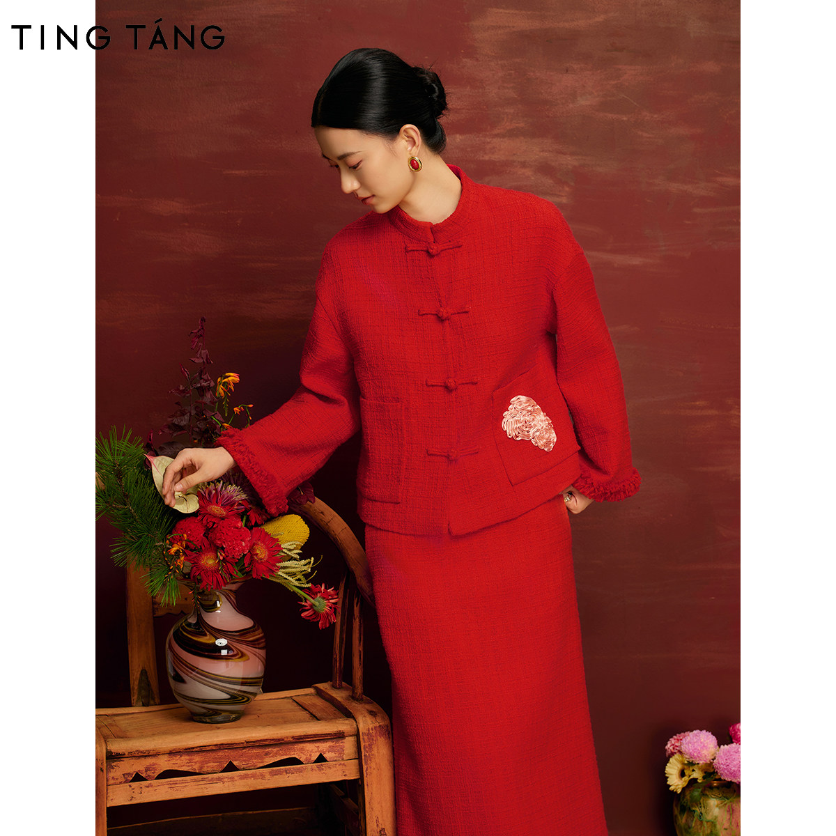 厅唐TINGTANG红色新中式套装女喜嫁国风盘扣长袖外套半身裙两件套,淘宝优惠券,粉丝福利购,淘宝优惠卷