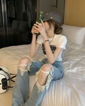 Designers section 2022 Real beats Real knee big breaking hole loose straight barrel denim long pants female boomer