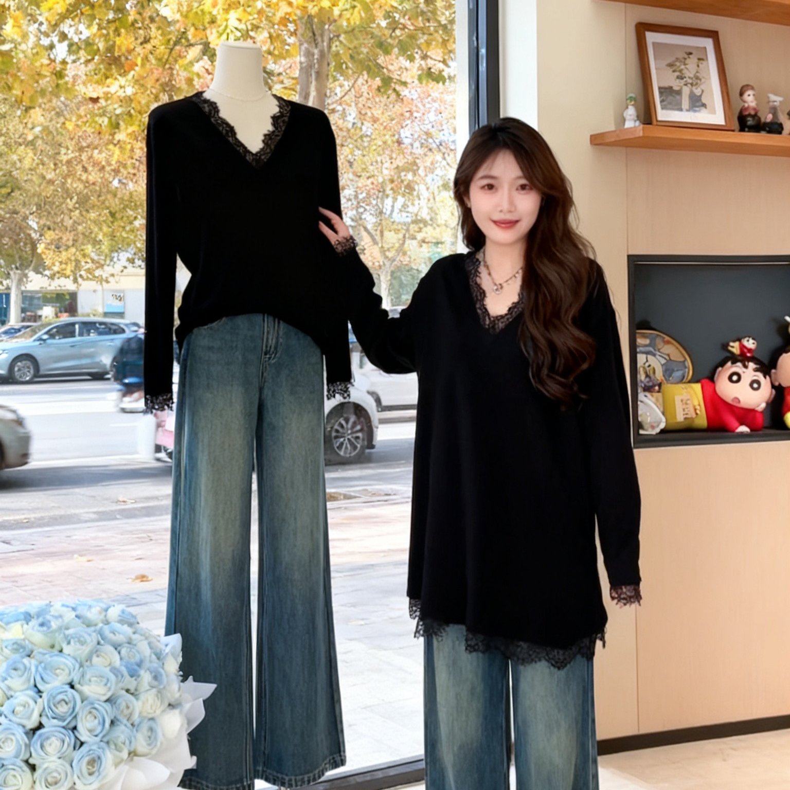 大码女装黑色蕾丝V领针织衫女秋冬宽松显瘦中长款遮肉长袖上衣,淘宝优惠券,粉丝福利购,淘宝优惠卷