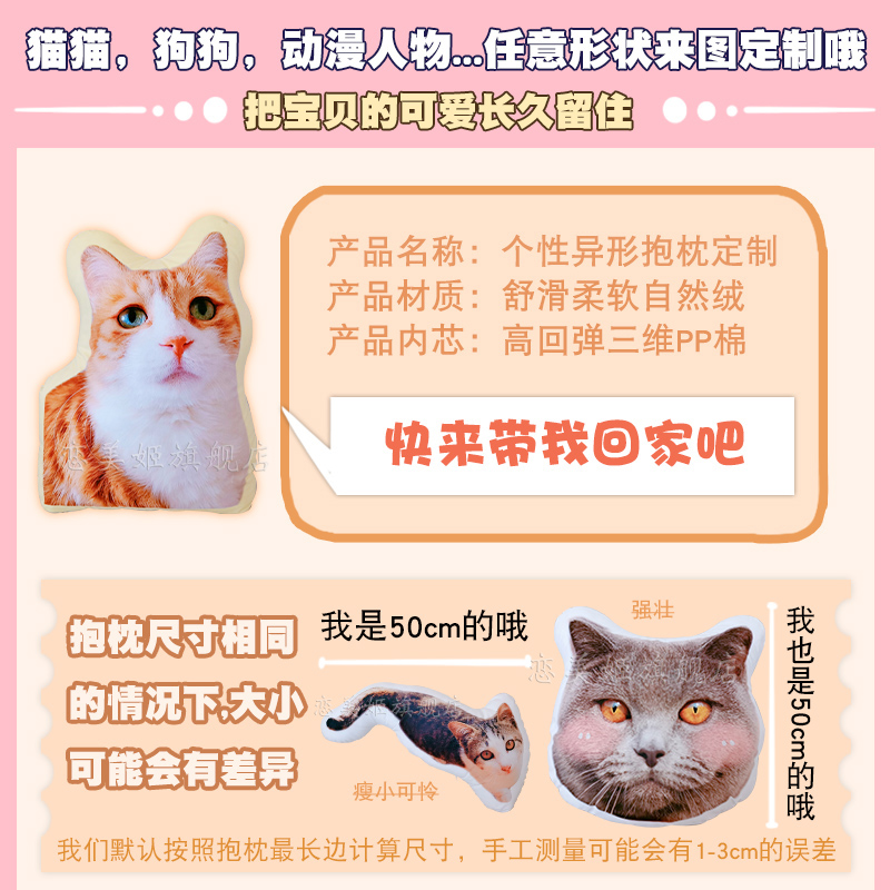 猫咪抱枕diy定制狗狗宠物靠枕订制异形可爱创意可印照片来图定做 - 图2