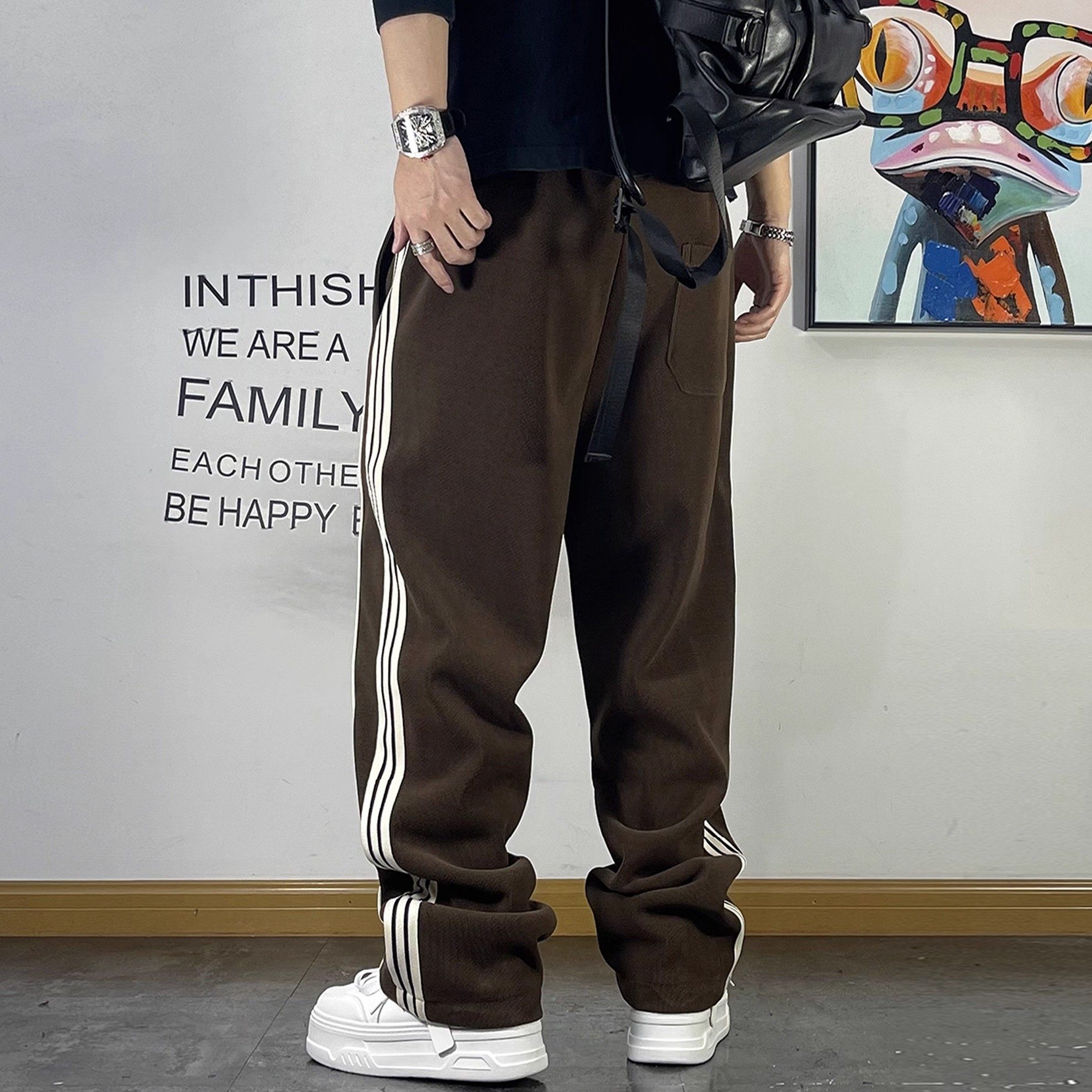 美式条纹拼接胖子加大码卫裤男加厚秋新款宽松直筒休闲抽绳运动裤,淘宝优惠券,粉丝福利购,淘宝优惠卷