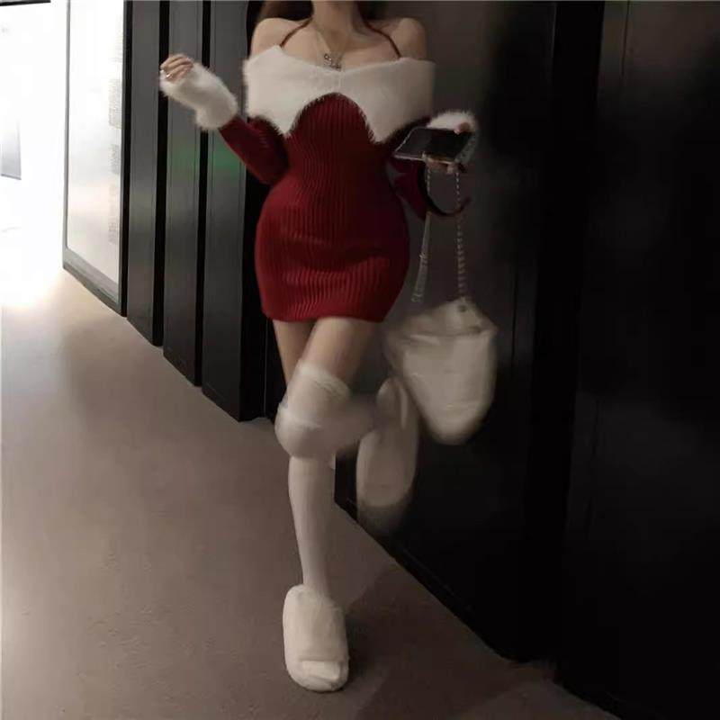 秋冬新款红色圣诞氛围感性感包臀裙子女一字肩针织毛衣连衣裙女装,淘宝优惠券,粉丝福利购,淘宝优惠卷