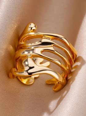 Stainless Steel Rings For Women Men Gold Color Hollow Wide