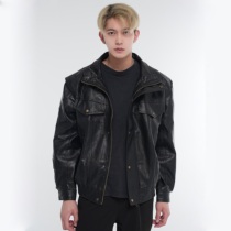LINYILUCK Fall turnover Locomotive Clothes Leather Clothes Men Loose Trend Ruffled CASUAL PU LEATHER JACKET JACKET