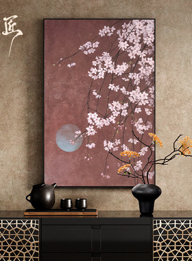 《花落知多少》新中式复古花鸟圆月客厅玄关中古风装饰画卧室挂画