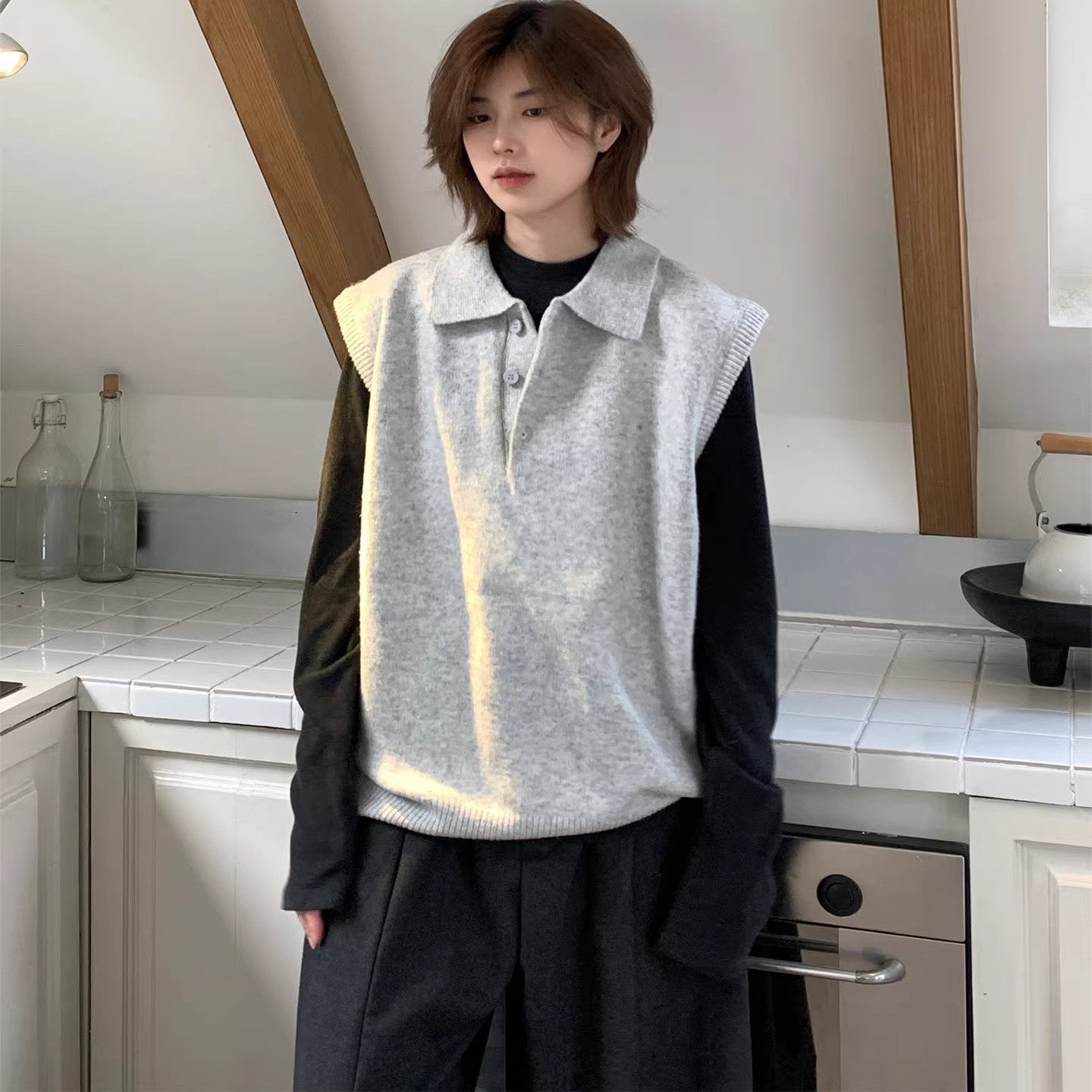 美式复古翻领无袖针织马甲背心男女秋冬慵懒叠穿百搭情侣毛衣马夹,淘宝优惠券,粉丝福利购,淘宝优惠卷