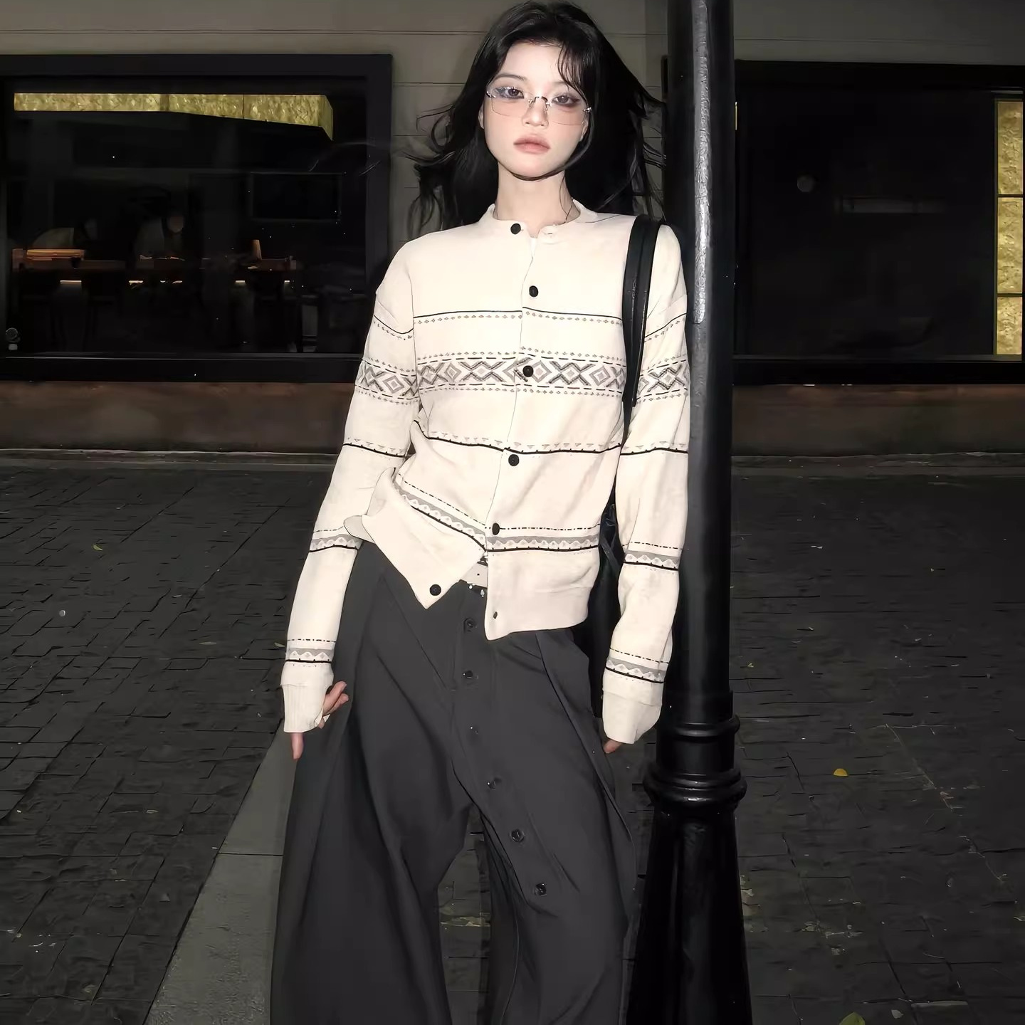 日系复古提花肌理针织开衫毛衣男女春秋费尔岛高智学院氛围感上衣 - 图1