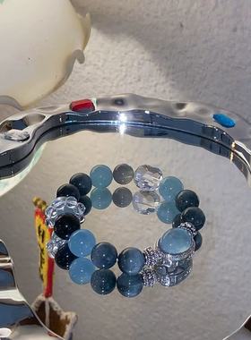 天然海蓝宝魔盒鹰眼石手串月光石白水晶招财旺事业小众送闺蜜金水