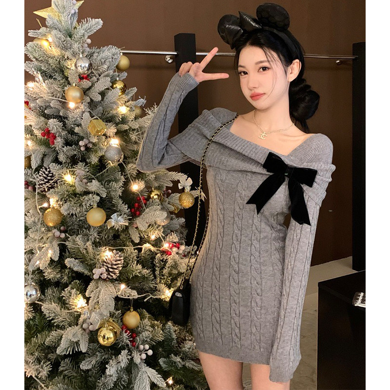 韩国小个子圣诞新年红色战袍OL高级感蝴蝶结针织毛衣连衣裙女秋冬,淘宝优惠券,粉丝福利购,淘宝优惠卷
