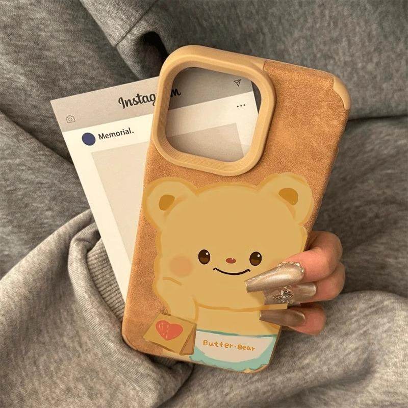 黄油小熊适用苹果16promax手机壳翻毛皮新款适用荣耀200硅胶13Pro秋冬美拉德贴皮软套适用华为P70保护套,淘宝优惠券,粉丝福利购,淘宝优惠卷