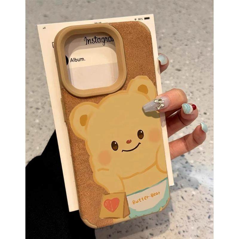 黄油小熊适用苹果16promax手机壳翻毛皮新款适用荣耀200硅胶13Pro秋冬美拉德贴皮软套适用华为P70保护套,淘宝优惠券,粉丝福利购,淘宝优惠卷