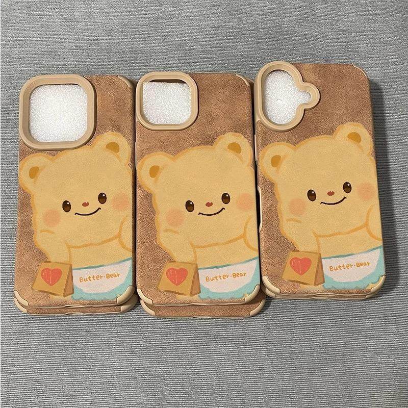 黄油小熊适用苹果16promax手机壳翻毛皮新款适用荣耀200硅胶13Pro秋冬美拉德贴皮软套适用华为P70保护套,淘宝优惠券,粉丝福利购,淘宝优惠卷