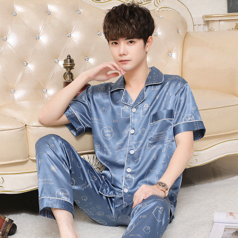 夏季新款男士冰丝短袖长裤丝绸睡衣 古蓝儿睡衣/家居服套装