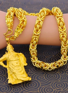 越南沙金火焰圆珠项链吊坠霸气关公老鹰挂坠吊牌布纹龙项链男