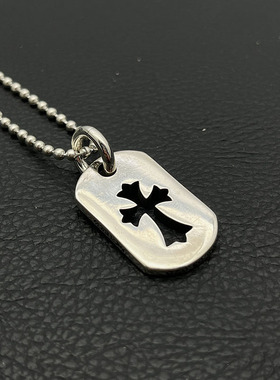 s925纯银高级感复古满钻军牌项链男女欧美铭牌十字架吊坠毛衣链潮