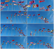 Flags of various countries fly to fly worlds global globalized market video material