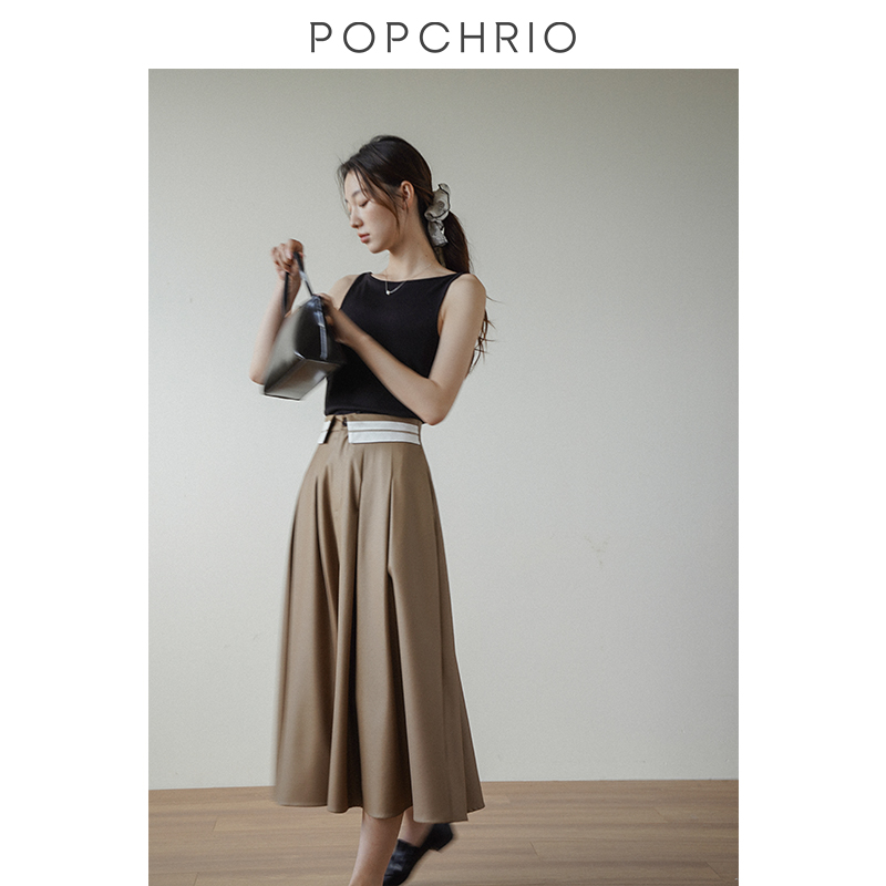 【到手259元】时装感撞色大摆裙a字半身裙高腰长款西装黑色伞裙子 - 图3