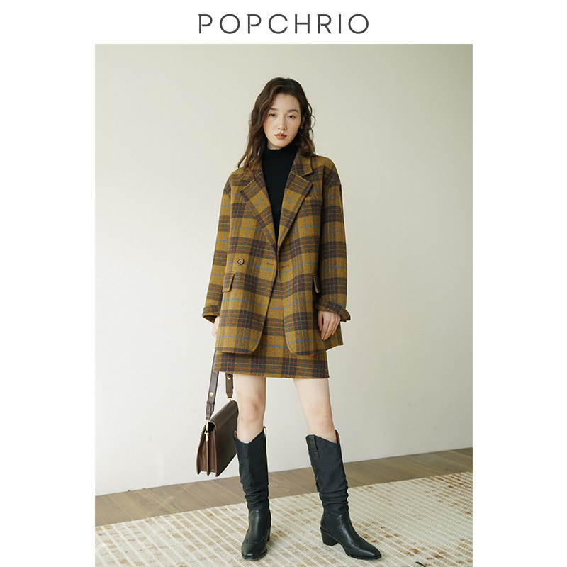 【到手599元】复古法式羊毛格子双面毛呢微阔宽松西装外套通勤女,淘宝优惠券,粉丝福利购,淘宝优惠卷