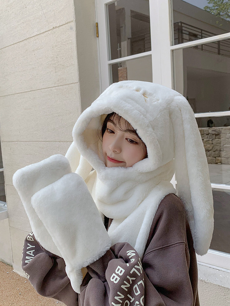 网红兔子耳朵帽子2021年新款女百搭可爱毛绒冬天围巾连帽一体冬季