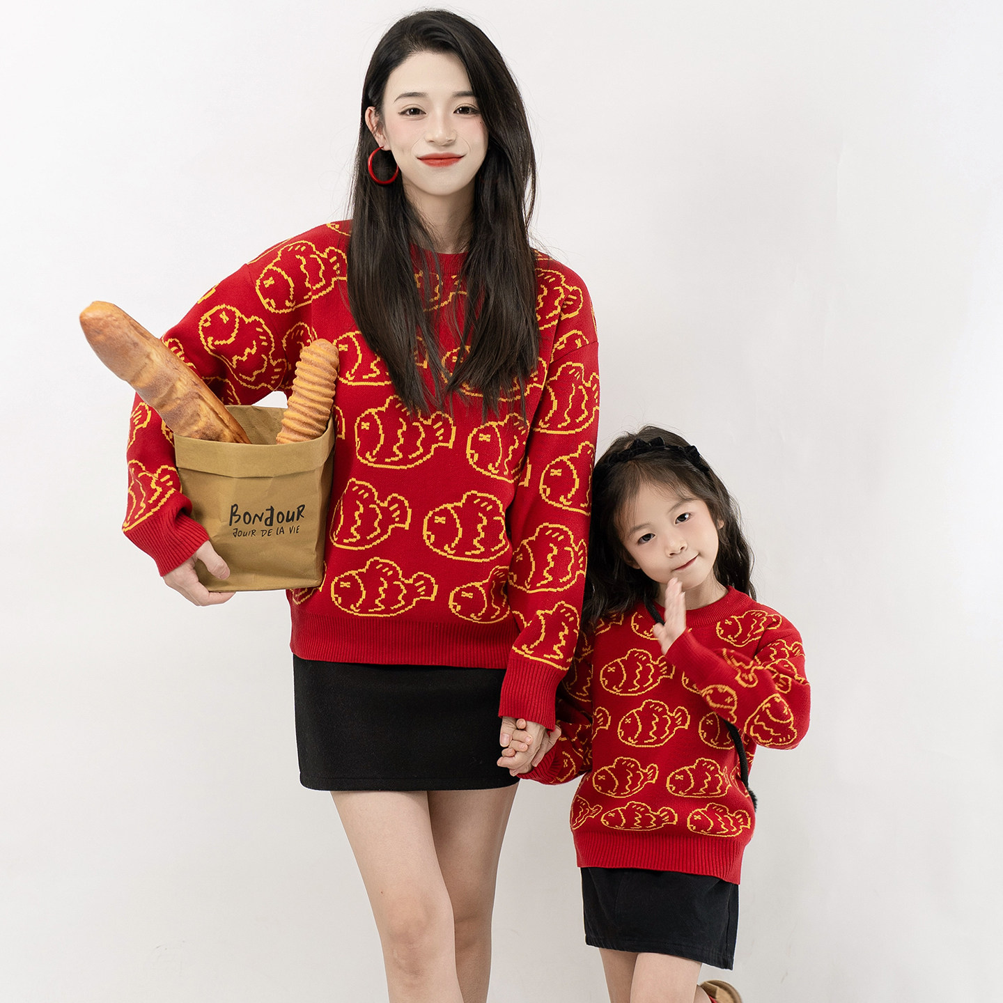 亲子装年款一家三口四口装冬款拜年服年年有鱼毛衣红色针织全家福,淘宝优惠券,粉丝福利购,淘宝优惠卷