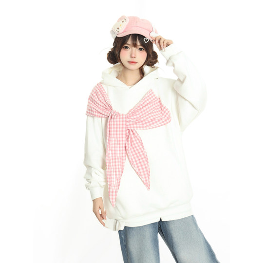 Original American preppy style bow hooded sweatshirt for women