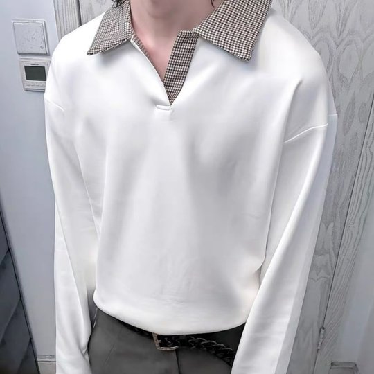 RTIMFD千鸟格拼接太空棉polo松弛长袖Cleanfit短宽抗皱卫衣老钱风